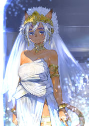 Rule 34 | 00s, 1girl, animal ears, armlet, bracelet, breasts, bridal veil, cat ears, cat tail, cleavage, commentary request, dappled sunlight, dark skin, dark-skinned female, doraeshi, dress, eyebrows, facial mark, final fantasy, final fantasy xi, highres, jewelry, light smile, mithra (ff11), neck ring, short hair, grey eyes, silver hair, smile, solo, strapless, sunlight, tail, tail ornament, thick eyebrows, tiara, veil, very short hair, wedding dress, white dress