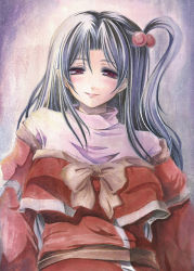 Rule 34 | 1girl, blush, colored pencil (medium), female focus, hair bobbles, hair ornament, lips, long hair, looking at viewer, mixed media, mystic square, painting (medium), red eyes, shinki (touhou), side ponytail, silver hair, smile, solo, sugai, touhou, touhou (pc-98), traditional media, watercolor (medium)