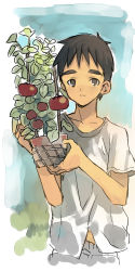 Rule 34 | 1boy, bad id, bad pixiv id, black hair, blue sky, brown eyes, coin rand, eyebrows, flower pot, leaf, male focus, original, plant, shirt, short sleeves, sky, smile, solo, t-shirt, thick eyebrows, tomato, tomato plant, vines