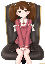 Rule 34 | 1girl, bare legs, blush, brown eyes, brown hair, brown skirt, chair, collared shirt, commentary request, cowboy shot, cypress, flat chest, hair tie, hands on lap, head tilt, highres, japanese clothes, kantai collection, kariginu, knees together feet apart, long sleeves, looking at viewer, magatama, no headwear, ryuujou (kancolle), shirt, simple background, sitting, skirt, smile, solo, twintails, twitter username, white background, white shirt