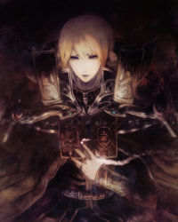 Rule 34 | 1boy, alternate color, black shirt, blonde hair, book, brown cape, cape, commentary request, holding, holding book, jewelry, looking at viewer, male focus, open mouth, purple eyes, ragnarok online, ring, sage (ragnarok online), sakaya313, shirt, short hair, smile, solo, striped cape, upper body