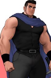 Rule 34 | 1boy, bara, beard, belt, black pants, blue cloak, bulge, chest hair, cloak, dopey (dopq), facial hair, feet out of frame, highres, large pectorals, long sideburns, male focus, mature male, muscular, muscular male, original, pants, pectorals, shirt, short hair, sideburns, sleeveless, sleeveless shirt, smile, solo, stubble, thick eyebrows, thick thighs, thighs, undercut