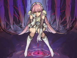 Rule 34 | 1girl, aono shimo, bad id, bad pixiv id, boots, brown eyes, fate/grand order, fate (series), gloves, high heels, highres, knee boots, long hair, looking at viewer, medb (fate), medb (fate), pink hair, sitting, skirt, smile, solo, white footwear, white gloves