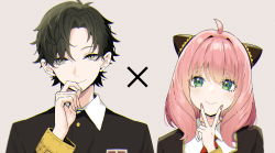 Rule 34 | 1boy, 1girl, aged up, ahoge, anya (spy x family), black dress, black hair, black jacket, blouse, brown eyes, closed mouth, collared shirt, damian desmond, dress, green eyes, grey background, hair between eyes, highres, jacket, nail polish, parted bangs, pink hair, pink nails, school uniform, shirt, simple background, sky-freedom, smile, spy x family, upper body, v over mouth, white shirt