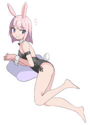 Rule 34 | 1girl, animal ears, armband, bare legs, barefoot, black leotard, blunt bangs, breasts, detached collar, full body, highres, leotard, looking at viewer, lying, medium hair, on side, original, own hands together, parted lips, pillow, pink hair, playboy bunny, purple hair, rabbit ears, rabbit girl, rabbit tail, saiste, simple background, small breasts, smile, solo, tail, white background, wrist cuffs