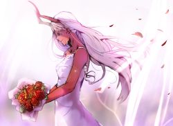 Rule 34 | 10s, 1girl, absurdres, bare shoulders, bouquet, colored skin, commentary, darling in the franxx, dress, emi-bianchi, english commentary, closed eyes, flower, happy tears, highres, horns, light rays, long hair, oni horns, petals, pink hair, profile, red skin, smile, solo, spoilers, tears, very long hair, wedding dress, zero two (darling in the franxx)