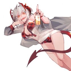 1girl, ahoge, alternate costume, antenna hair, arknights, bare legs, bikini, bikini under clothes, black nails, breasts, can, cleavage, commentary, demon horns, demon tail, drink, erhuo, holding, holding can, horns, jacket, legs together, looking at viewer, lying, medium breasts, multicolored, multicolored hair, multicolored nails, nail polish, on side, open mouth, orange eyes, pointing, pointing at viewer, red bikini, red hair, red nails, see-through, short hair, silver hair, simple background, smug, solo, streaked hair, swimsuit, tail, thigh gap, thighs, two-tone hair, unzipped, w (arknights), white background, white jacket