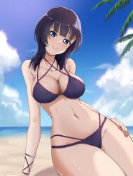 1girl asaka_karin bare_shoulders beach blush breasts buson0120 cleavage closed_mouth cloud highres large_breasts looking_at_viewer love_live! love_live!_nijigasaki_high_school_idol_club mole navel ocean outdoors palm_tree sand sky smile solo tree water