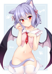 Rule 34 | 1girl, animal ear fluff, animal ears, animal print, bat wings, blouse, blue background, border, bottomless, breasts, cat ears, cat girl, cat tail, collarbone, commentary request, convenient censoring, crop top, fish print, frilled shirt collar, frills, hair between eyes, hair ribbon, hands up, highres, kemonomimi mode, looking at viewer, miy@, nail polish, navel, necktie, no headwear, outside border, paw pose, paw print, pink nails, pink shirt, purple hair, red necktie, red ribbon, remilia scarlet, ribbon, shirt, short hair, simple background, sitting, small breasts, solo, tail, thighhighs, touhou, wariza, white border, white thighhighs, wings