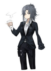 Rule 34 | 1girl, absurdres, amputee, angelia (girls&#039; frontline), black jacket, black pants, coffee cup, collared shirt, commentary, cowboy shot, cup, disposable cup, english commentary, formal, girls&#039; frontline, grey eyes, grey hair, hair over one eye, highres, holding, holding cup, holster, jacket, long hair, long sleeves, looking at viewer, messy hair, myomu, pants, scar, scar on face, shirt, simple background, smile, solo, suit, thigh holster, white background, white shirt
