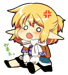 Rule 34 | 1girl, anger vein, arm warmers, bad id, bad pixiv id, blonde hair, blush, chibi, fang, female focus, matatabi maru, mizuhashi parsee, o o, open mouth, pointy ears, ponytail, scarf, shirt, short hair, sitting, skirt, solo, touhou, translation request, v arms