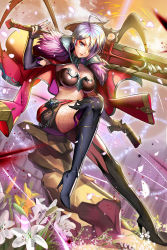 Rule 34 | 1girl, ahoge, belt, black footwear, black gloves, blue eyes, boots, breasts, chain, collarbone, dual wielding, elbow gloves, espada (seven knights), fingerless gloves, fishnet pantyhose, fishnets, flower, full body, gloves, gun, hair over one eye, high heel boots, high heels, highres, holding, jacket, jacket on shoulders, kisina, large breasts, over shoulder, pantyhose, rock, seven knights, short hair, silver hair, sitting, solo, sword, thigh boots, thighhighs, weapon, weapon over shoulder