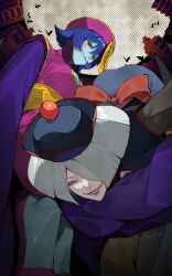 2girls a.k.i._(street_fighter) artist_name ass bat_(animal) blue_skin breasts chinese_clothes colored_skin darkstalkers flipped_hair from_below full_moon hair_over_one_eye hat hsien-ko jiangshi moon multiple_girls ofuda perspective purple_hair qingdai_guanmao red_eyes sash short_hair smile sss_ookoku street_fighter street_fighter_6 upside-down white_hair