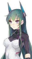 Rule 34 | 1girl, blush, bodysuit, closed mouth, expressionless, green hair, headgear, long hair, menou kaname (taishi), original, portrait, simple background, skin tight, sleeves past wrists, solo, strap gap, taishi (picchiridou), upper body, very long hair, white background