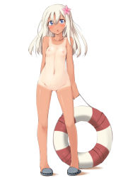 Rule 34 | 10s, 1girl, blonde hair, blue eyes, blush, breasts, censored, collarbone, crocs, eyebrows, female focus, flower, full body, groin, hair flower, hair ornament, highres, holding, innertube, kaminagi (kaminagi-tei), kantai collection, lifebuoy, long hair, looking at viewer, mosaic censoring, navel, nipples, no socks, nude, one-piece tan, open mouth, pussy, ro-500 (kancolle), sandals, shiny skin, shoes, simple background, small breasts, solo, standing, stomach, swim ring, tan, tanline, thighs, tongue, white background