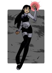 Rule 34 | 1girl, alien, armor, black hair, blackfire, boots, border, breasts, cartoon network, dc comics, energy, facing viewer, female focus, floating, full body, image sample, long hair, outside border, pixiv sample, resized, small breasts, solo, tamaranian, teen titans, thigh boots, thighhighs, umibito, vambraces, white border