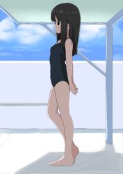 Rule 34 | 1girl, absurdres, arms behind back, barefoot, bishoujo rikishi, black eyes, black hair, black one-piece swimsuit, commentary request, empty eyes, feet, from side, full body, highres, legs, long hair, one-piece swimsuit, original, outdoors, own hands together, school swimsuit, solo, swimsuit, thighs, toes