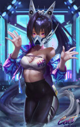 Rule 34 | 1girl, absurdres, bandeau, black hair, black pantyhose, blue jacket, breasts, cleavage, commentary request, cowboy shot, elyasu, goddess of victory: nikke, hair between eyes, headgear, high-waist pantyhose, highres, jacket, large breasts, mask, midriff, mouth mask, off shoulder, open clothes, open jacket, pantyhose, purple eyes, sin (nikke), single bare shoulder, solo, standing, stomach, strapless, tube top