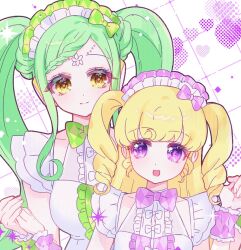 Rule 34 | 2girls, blonde hair, bow, braid, braided bangs, breasts, center frills, chuu0105, commentary request, falala a larm, frills, green bow, green hair, hair bow, head chain, holding hands, idol time pripara, jewelry, korean commentary, long hair, looking at another, looking back, maid headdress, medium breasts, multiple girls, open mouth, pink bow, pretty series, pripara, purple eyes, ringlets, small breasts, smile, summer maid coord, twintails, two side up, upper body, white bow, wrist cuffs, yellow eyes, yumekawa yui