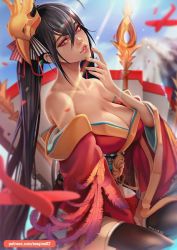 Rule 34 | 1girl, azur lane, bare shoulders, black hair, breasts, brown hair, cleavage, hair between eyes, japanese clothes, kimono, large breasts, long hair, magion02, open mouth, red eyes, red kimono, taihou (azur lane)