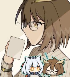 Rule 34 | 2girls, arknights, black gloves, blue jacket, brown background, brown hair, brown sweater, chibi, closed eyes, commentary, cup, feather hair, from side, frown, glasses, gloves, holding, holding cup, jacket, long sleeves, looking at another, maguro kan, mug, multiple girls, orange eyes, outline, pixelated, profile, ptilopsis (arknights), ribbed sweater, semi-rimless eyewear, shaded face, short hair, silence (arknights), sleeping, sweater, upper body, white background, white hair, zzz