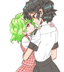 Rule 34 | 2girls, age difference, aged down, arm around back, black hair, black skirt, brown eyes, child, commentary request, face-to-face, green hair, hands on another&#039;s shoulders, height difference, kazami yuuka, medium hair, multiple girls, onee-loli, plaid, plaid skirt, plaid vest, red eyes, s-a-murai, shameimaru aya, shirt, short hair, short sleeves, sketch, skirt, smile, touhou, vest, wavy hair, white background, white shirt, yuri