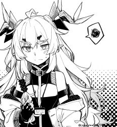 Rule 34 | 1girl, ahoge, arknights, blush, fingerless gloves, gloves, greyscale, halftone, halftone background, highres, holding, holding own hair, horns, id card, jacket, leizi (arknights), long hair, looking at viewer, monochrome, off shoulder, open clothes, open jacket, pointy ears, qilin (mythology), sleeveless, solo, speech bubble, spoken squiggle, squiggle, sweat, thick eyebrows, twitter username, upper body, yom (ymayma00ss)