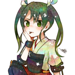 Rule 34 | 10s, 1girl, blush, bow, food, green eyes, green hair, hair bow, hand on own cheek, hand on own face, itomugi-kun, japanese clothes, kantai collection, matching hair/eyes, muneate, personification, pleated skirt, pocky, short sleeves, skirt, solo, twintails, white background, zuikaku (kancolle)