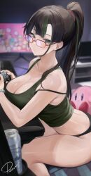 Rule 34 | 1girl, bare shoulders, beer can, black camisole, black hair, black panties, breasts, camisole, can, cleavage, commission, controller, crop top, drink can, game controller, glasses, highres, holding, holding controller, holding game controller, large breasts, long hair, looking at viewer, original, panties, parted lips, ponytail, preview (preview0), signature, solo, spaghetti strap, strap slip, thighs, underwear