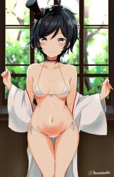 Rule 34 | 10s, 1girl, ahoge, bad id, bad twitter id, bikini, black hair, black neckwear, blush, breasts, bush, closed mouth, collarbone, front-tie bikini top, front-tie top, gluteal fold, green eyes, hat, indoors, kantai collection, looking at viewer, matsukaze (kancolle), mini hat, mini top hat, navel, short hair, side-tie bikini bottom, skindentation, small breasts, smile, solo, swept bangs, swimsuit, takaharu, top hat, twitter username, upper body, white bikini, wide hips, window, wooden wall