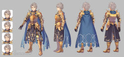 1boy anbe_yoshirou angry arm_at_side armor armored_boots blue_cape boots cape closed_mouth commentary_request copyright_notice expressionless full_body gauntlets gold_armor green_eyes grey_background grey_hair highres male_focus multiple_expressions official_art open_mouth romancing_saga_2 saga short_hair shoulder_armor smile standing victor_(romancing_saga_2)