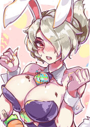 Rule 34 | 1girl, :d, bare shoulders, battle bunny riven, black leotard, blonde hair, blush, breast press, breasts, brown eyes, carrot, chocolate, cleavage, darklux, detached collar, hair over one eye, highres, large breasts, league of legends, leotard, looking at viewer, medium hair, nail polish, open mouth, orange nails, riven (league of legends), short hair, smile, solo, teeth, upper body, upper teeth only, wrist cuffs