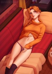Rule 34 | 1girl, black socks, braid, breasts, closed mouth, clothes lift, couch, deilan12, feet out of frame, female pubic hair, highres, indoors, kneehighs, leah (stardew valley), lips, long hair, looking at viewer, lying, medium breasts, navel, on back, on couch, orange hair, orange sweater, panties, pillow, pubic hair, pubic hair peek, purple eyes, purple panties, sleeves past wrists, smile, socks, solo, stardew valley, sweater, sweater lift, underwear