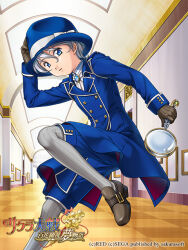 Rule 34 | 1girl, amulet, ascot, blue coat, blue collar, blue hat, blue pants, blue pendant, blue sleeves, blue wrist cuffs, bow, brown footwear, brown gloves, buttoned cuffs, buttons, ceiling, ceiling light, checkered floor, coat, collar, collared coat, collared shirt, commentary, copyright name, copyright notice, detective, double-breasted, english text, fedora, game cg, gloves, gold buckle, gold buttons, grey hair, grey thighhighs, hair between eyes, hand on headwear, hat, hat bow, indoors, leni milchstrasse, logo, long sleeves, looking at viewer, mandarin collar, museum, nagara, official art, pants, picture frame, pinstripe legwear, pinstripe pattern, sakura taisen, sakura taisen ii, sega, shirt, shoe buckle, short hair, striped clothes, striped thighhighs, thighhighs, translation request, vertical-striped clothes, vertical-striped thighhighs, white ascot, white bow, white collar, wrist cuffs