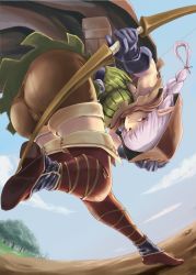 Rule 34 | 1girl, ass, belt, boots, bow (weapon), braid, brown eyes, cloak, dragon&#039;s crown, elf, elf (dragon&#039;s crown), gloves, highres, hood, katatuki, pointy ears, shorts, solo, thigh boots, thighhighs, twin braids, vanillaware, weapon