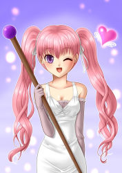 Rule 34 | 1girl, bow, breasts, cleavage, dress, elbow gloves, fire emblem, fire emblem: the blazing blade, gloves, hair bow, heart, long hair, nintendo, one eye closed, open mouth, pink hair, purple eyes, serra (fire emblem), small breasts, smile, solo, staff, twintails, wink, yuino (fancy party)