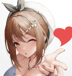 Rule 34 | 1girl, :o, absurdres, atelier (series), atelier ryza, atelier ryza 1, blowing kiss, blue camisole, blush, breasts, brown eyes, brown hair, bsmage, camisole, cleavage, collarbone, gradient background, grey background, hair between eyes, hair ornament, hair ribbon, hairclip, heart, highres, jewelry, large breasts, nail polish, necklace, one eye closed, open mouth, reisalin stout, ribbon, short hair, sidelocks, simple background, solo, star (symbol), star necklace, upper body, white background