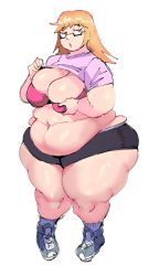 Rule 34 | 1girl, belly, bra, breasts, fat, glasses, huge breasts, orange hair, shorts, solo, thick thighs, thighs, underwear, wide hips