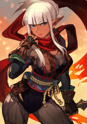 Rule 34 | 1girl, blue eyes, breasts, dark-skinned female, dark skin, dnf duel, dungeon and fighter, fingerless gloves, fire, gloves, holding, holding weapon, hungry clicker, knife, kunai, kunoichi (dungeon and fighter), long hair, medium breasts, ninja, pointy ears, red scarf, scarf, solo, thief (dungeon and fighter), weapon, white hair