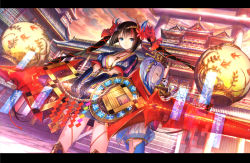Rule 34 | 2girls, blue eyes, breasts, brown hair, building, cleavage, closed eyes, flower, fuzichoco, gauntlets, hair flower, hair ornament, hair ribbon, huge weapon, japanese clothes, jewelry, lantern, letterboxed, long hair, looking at viewer, multiple girls, necklace, original, polearm, purple hair, ribbon, rope, sash, shield, shimenawa, shrine, torii, twintails, very long hair, weapon