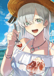 Rule 34 | 1girl, age nasuo, anastasia (fate), anastasia (swimsuit archer) (fate), anastasia (swimsuit archer) (first ascension) (fate), beach, bracelet, fate/grand order, fate (series), fingernails, food, hat, highres, ice cream, jewelry, long hair, pendant, signature, silver hair, spoon, straw hat