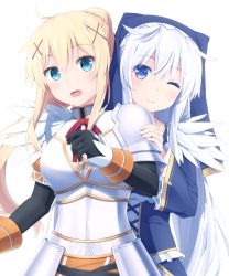 Rule 34 | 10s, 2girls, armor, black gloves, blonde hair, blue eyes, blush, commentary request, darkness (konosuba), eris (konosuba), frills, gloves, goribote, hair ornament, hand on another&#039;s shoulder, kono subarashii sekai ni shukufuku wo!, long hair, multiple girls, one eye closed, open mouth, ponytail, silver hair, simple background, smile, very long hair, white background, x hair ornament