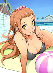 Rule 34 | 1girl, aihara miu, ball, bare shoulders, beachball, breasts, brown hair, cleavage, female focus, highres, large breasts, long hair, looking at viewer, lying, nac000, o-ring, o-ring bottom, on side, parted lips, pool, smile, solo, tokyo 7th sisters, yellow eyes