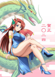 1girl \||/ ankle_strap arm_support armlet bare_shoulders blue_dress blue_eyes blue_footwear blue_wristband breasts china_dress chinese_clothes chinese_text chinese_zodiac closed_mouth commentary_request crossed_legs dragon dragon_girl dragon_horns dress eastern_dragon eyeliner forehead full_body gold_trim green_eyes hand_fan head_wings high_heels highres holding holding_fan horns jewelry kishi_nisen large_breasts long_hair looking_at_viewer makeup nengajou new_year open_mouth original pink_background pink_eyeliner pink_nails red_fan red_hair scales sharp_teeth side_slit sitting smile solo teeth thighs tongue two-tone_background v-shaped_eyebrows wings year_of_the_dragon