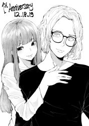 Rule 34 | 1boy, 1girl, blunt bangs, commentary, commission, commissioner insert, couple, dated, english commentary, glasses, greyscale, highres, light smile, long hair, looking at viewer, monochrome, norman maggot, original, real life, upper body, white background