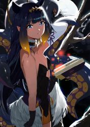 Rule 34 | 1girl, ao-chan (ninomae ina&#039;nis), bad id, bad pixiv id, black dress, black gloves, black hair, blue eyes, blunt bangs, book, breasts, cleavage, discoshoujo, dress, gloves, highres, holding, holding book, hololive, hololive english, looking at viewer, low wings, mole, mole under eye, moon, ninomae ina&#039;nis, ninomae ina&#039;nis (1st costume), parted lips, pointy ears, small breasts, solo, tentacle hair, tentacles, virtual youtuber, wings