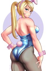 Rule 34 | 1girl, absurdres, adapted costume, animal ears, ass, back-seamed legwear, blonde hair, blue eyes, blue leotard, blush, breasts, choker, commission, eyebrows, fake animal ears, fake tail, from behind, hand on own thigh, highres, jackary, leotard, lips, looking at viewer, looking back, medium breasts, metroid, nintendo, pantyhose, parted bangs, playboy bunny, ponytail, rabbit ears, rabbit tail, samus aran, seamed legwear, sidelocks, simple background, solo, strapless, strapless leotard, tail, toned, twitter username, wrist cuffs