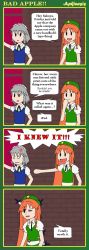 Rule 34 | 4koma, :d, :o, anger vein, angry, apkinesis, blood, comic, english text, female focus, hat, highres, hong meiling, injury, izayoi sakuya, knife, maid, maid headdress, o o, open mouth, red hair, silver hair, smile, star (symbol), throwing knife, torn clothes, touhou, weapon