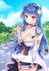 Rule 34 | 1girl, absurdres, alternate costume, armlet, azur lane, blue eyes, blue hair, blue sky, blush, breasts, choker, commentary, cowboy shot, day, dress, eating, feather hair ornament, feathers, food, full mouth, glint, hair ornament, heterochromia, highres, holding, holding food, horns, ibuki (azur lane), ibuki (snow on the wind) (azur lane), large breasts, leaning forward, light particles, long hair, looking at viewer, outdoors, red eyes, reel (riru), sidelocks, sky, solo, strapless, strapless dress, white dress, wind, wrist wrap