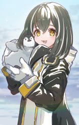 Rule 34 | 1girl, animal, arknights, bird, bird mask, black coat, black hair, coat, commentary, gawako, gloves, hands up, highres, holding, holding animal, hood, hooded coat, light particles, long sleeves, looking at viewer, looking to the side, magallan (arknights), mask, mask around neck, medium hair, open mouth, outdoors, penguin, smile, solo, upper body, white coat, white gloves, white hair, yellow eyes